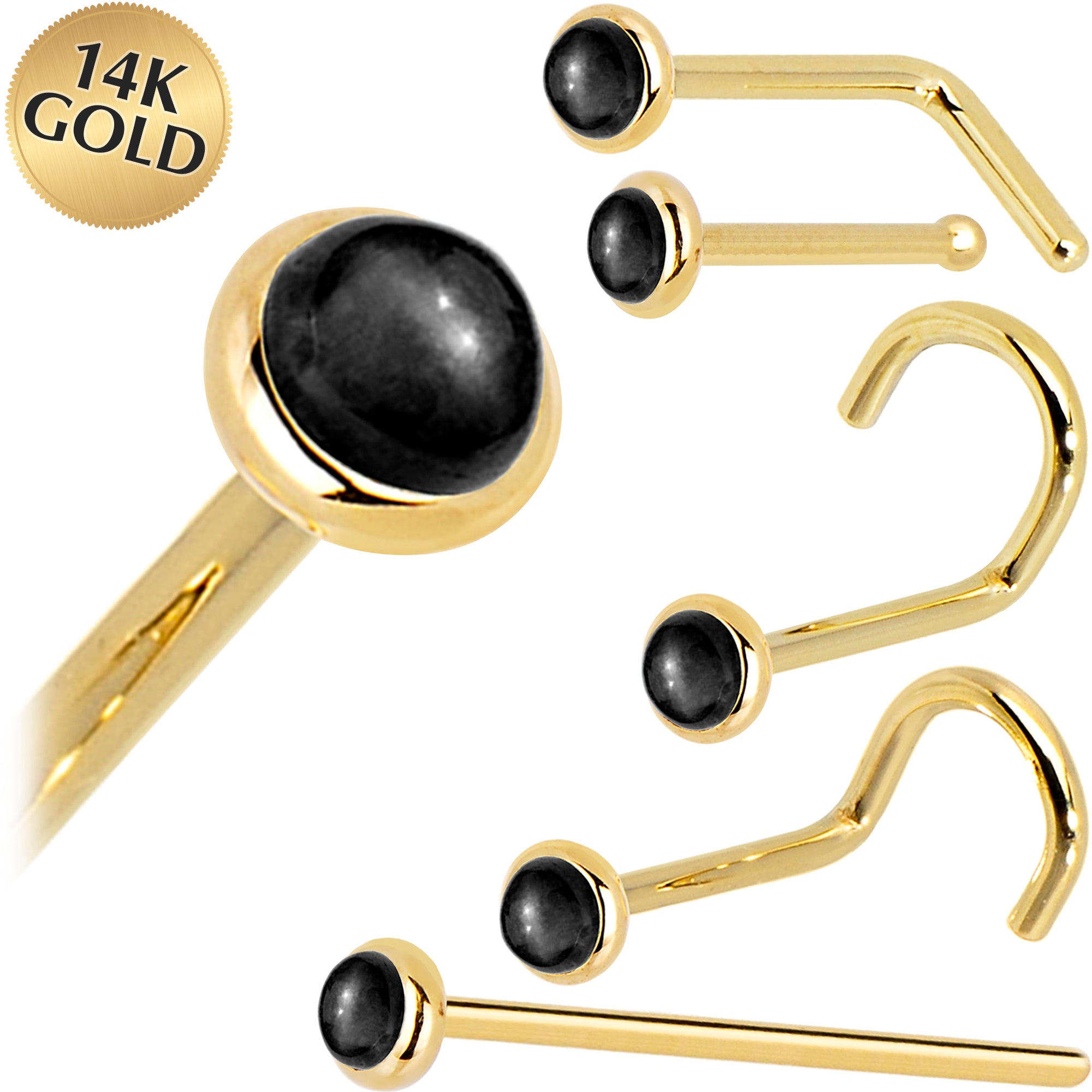 Solid 14KT Yellow Gold 2mm Onyx Nose Ring 18 gauge
