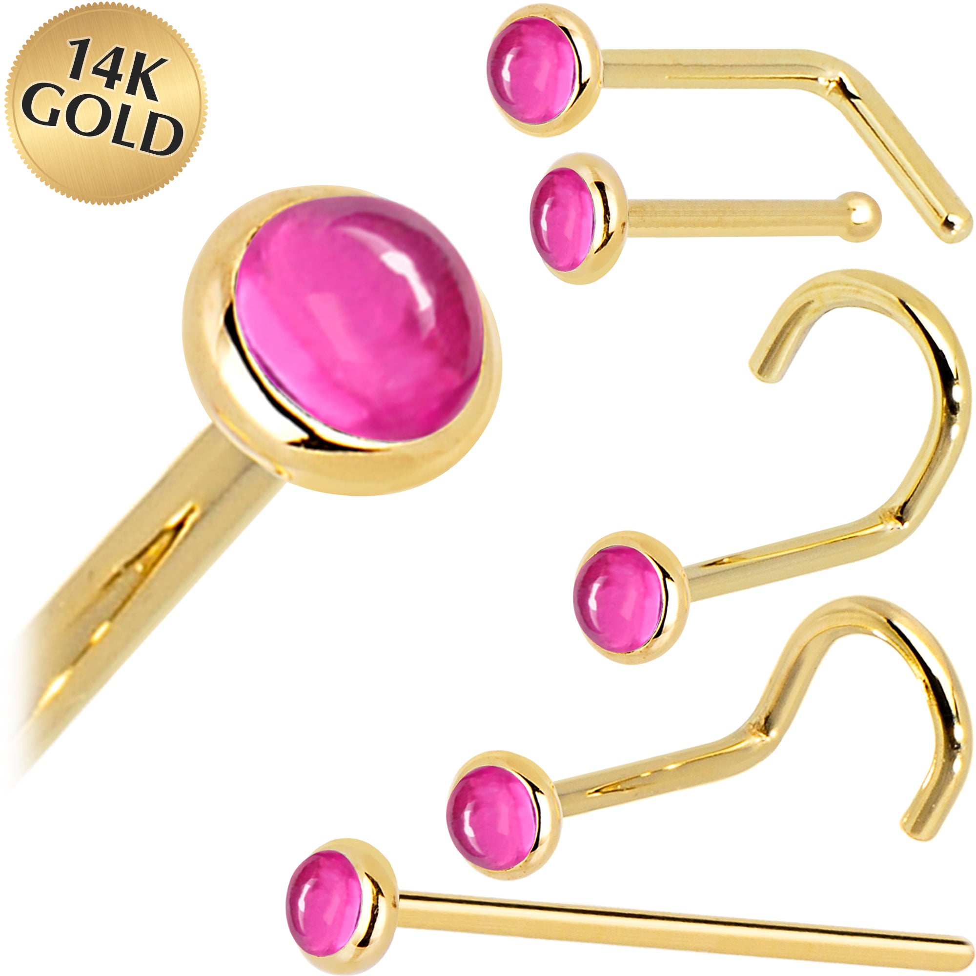 Solid 14KT Yellow Gold 2mm Pink Tourmaline Nose Ring Nose Bone