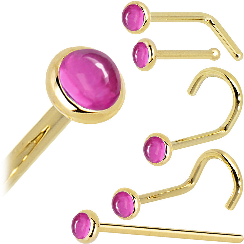 Solid 14K Yellow Gold 2mm Pink Tourmaline Nose Ring