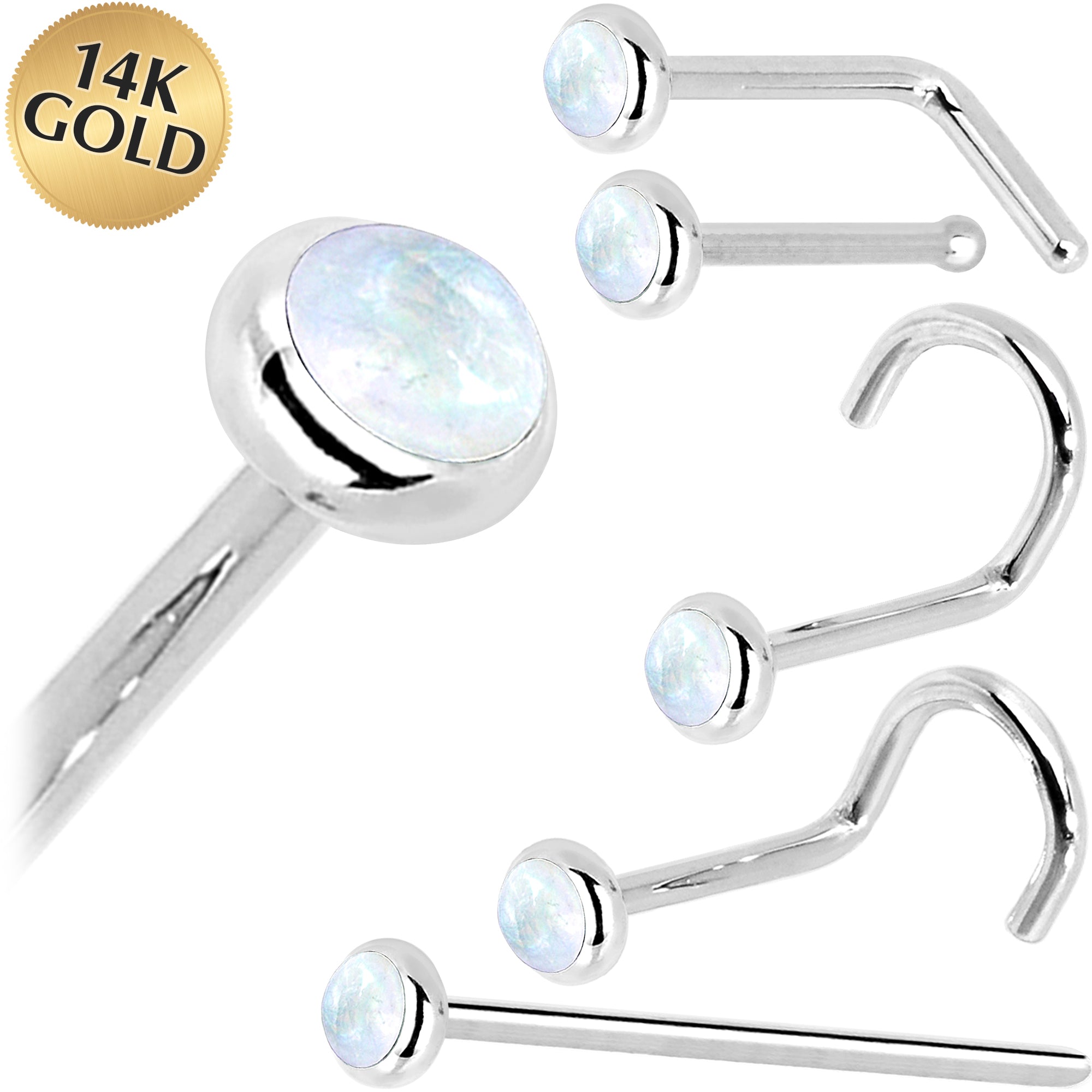 Solid 14KT White Gold 2mm Rainbow Moonstone Nose Ring 18 Gauge
