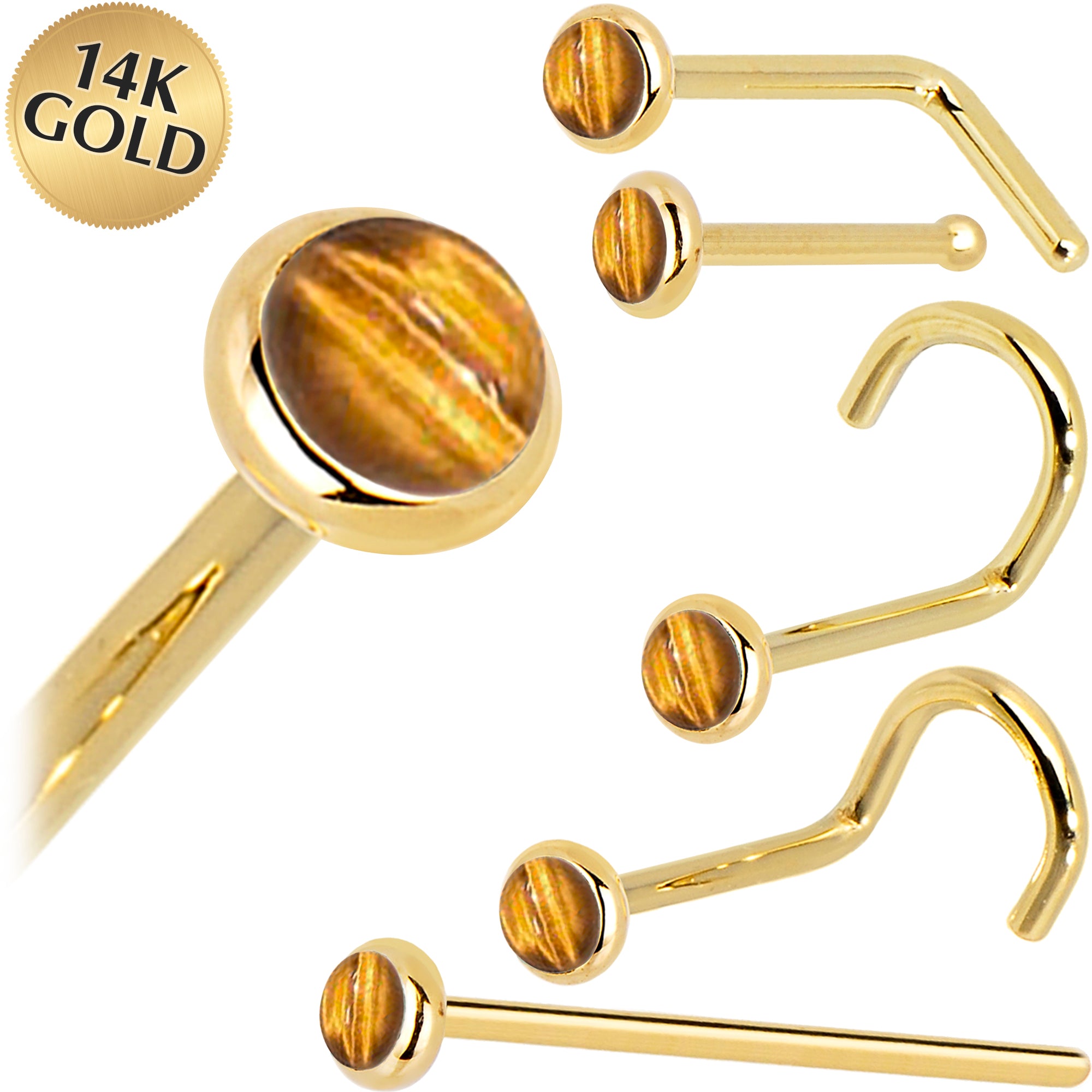 Solid 14KT Yellow Gold 2mm Tiger Eye Nose Ring 18 Gauge Nose Bone