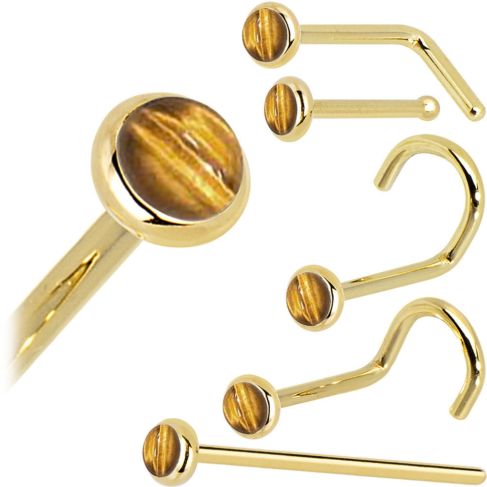 Solid 14K Yellow Gold 2mm Tiger Eye Nose Ring