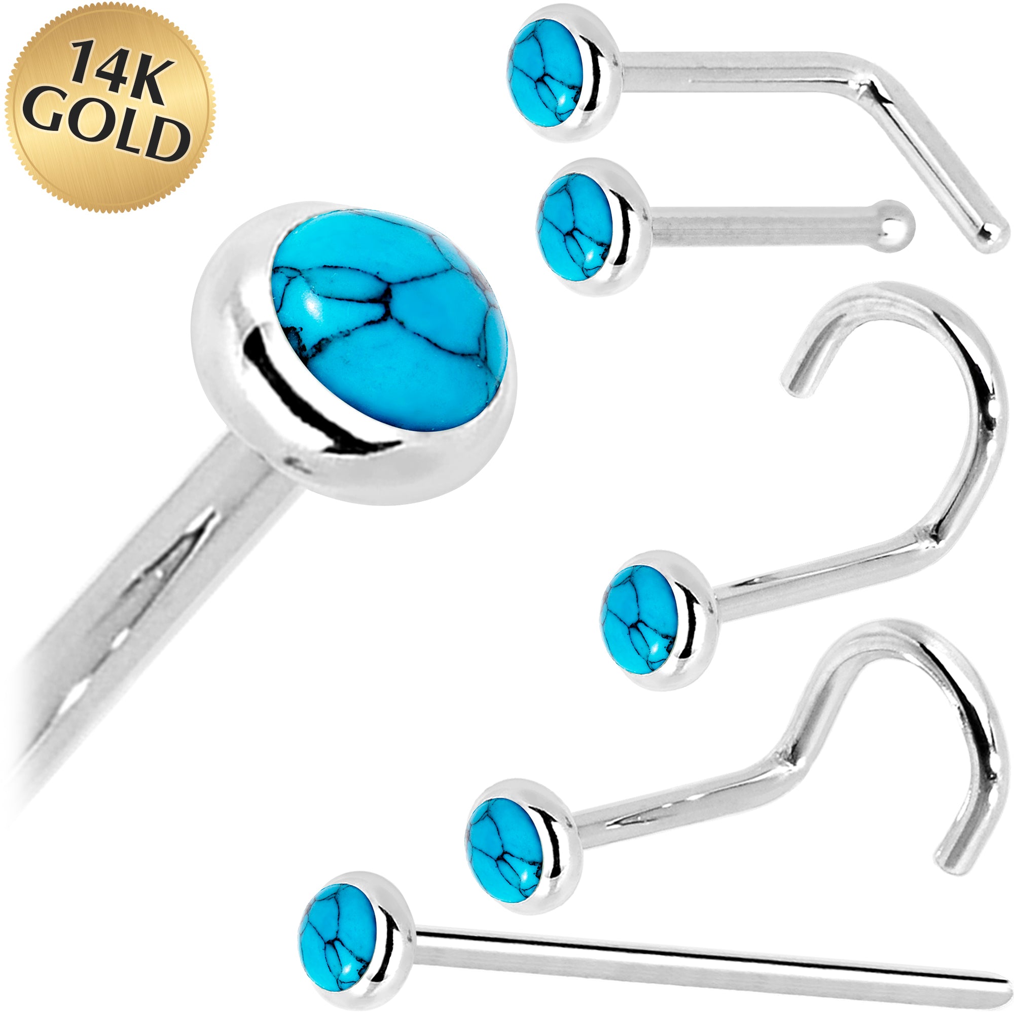 Solid 14KT White Gold 2mm Turquoise Nose Ring 18 Gauge