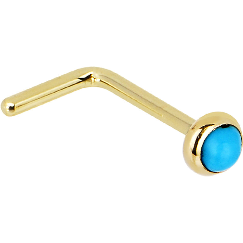 Solid 14KT Yellow Gold 2mm Turquoise Nose Ring L-Shape