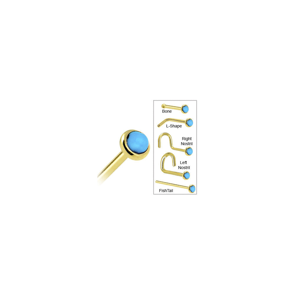 Solid 14KT Yellow Gold 2mm Turquoise Nose Ring 18 Gauge L-Shape