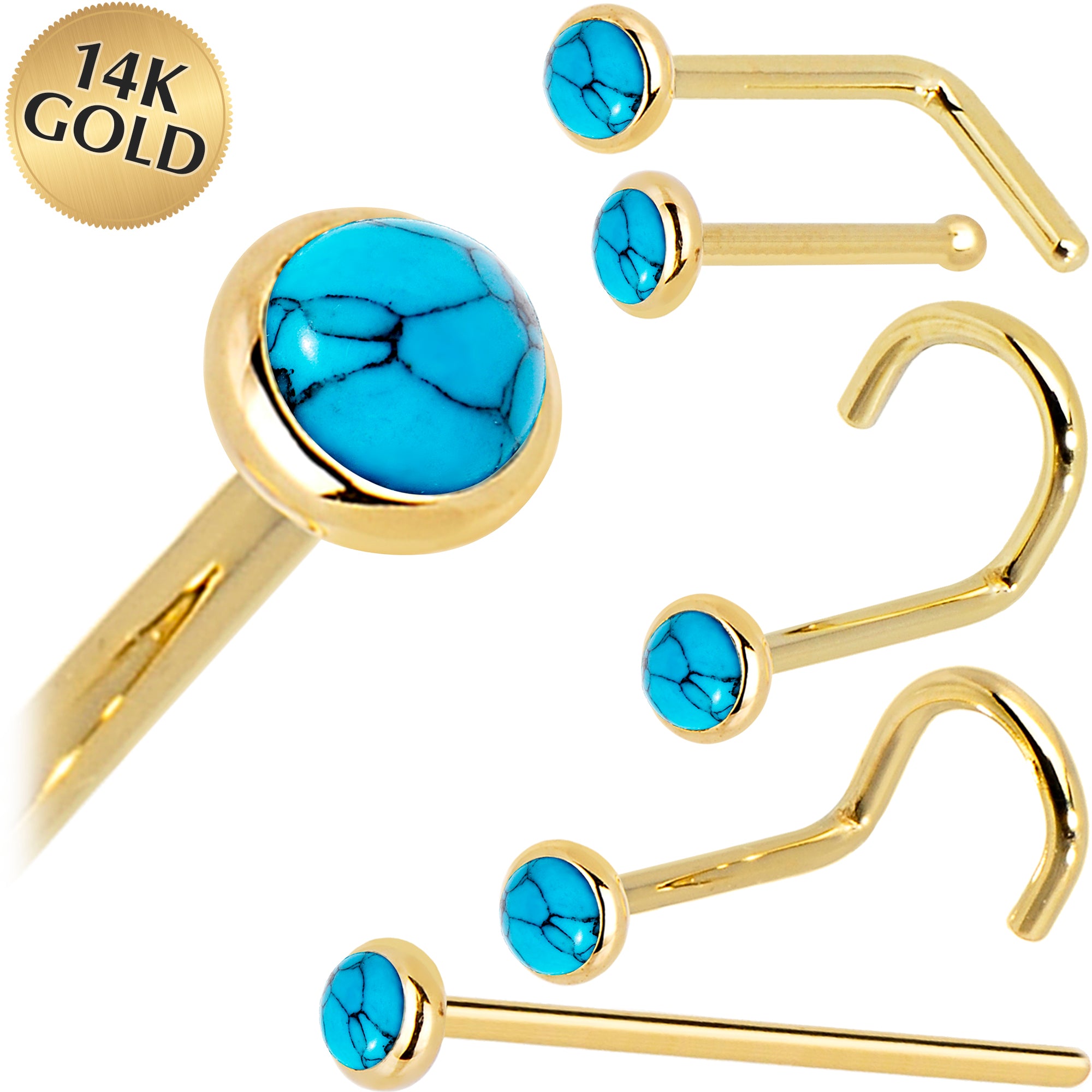 Solid 14KT Yellow Gold 2mm Turquoise Nose Ring 18 Gauge