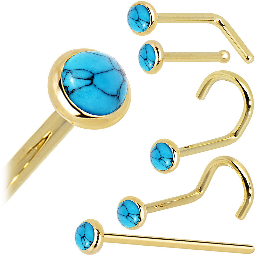 Solid 14K Yellow Gold 2mm Turquoise Nose Ring