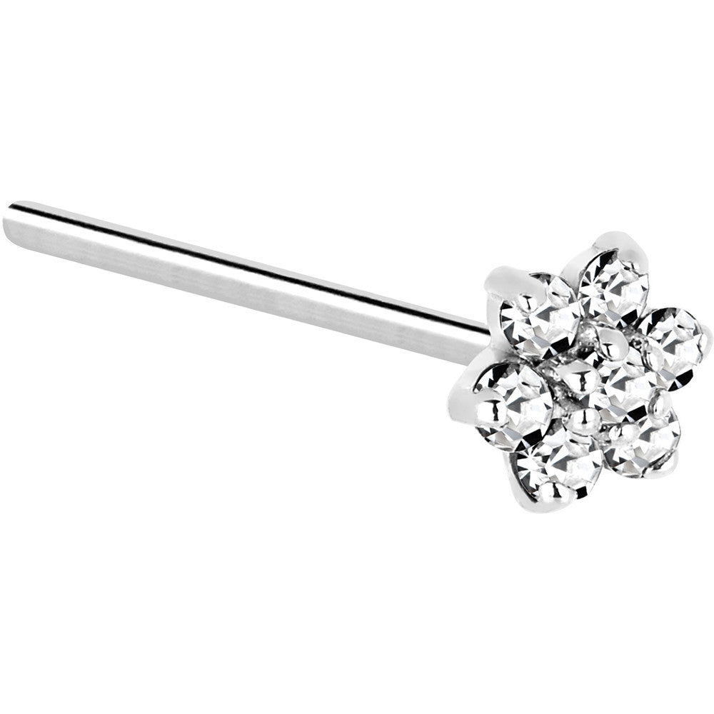 14KT White Gold Flower Nose Ring with Clear Cubic Zirconia Nose Screw