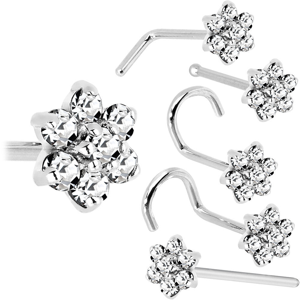 Solid 14K White Gold Clear Cubic Zirconia Flower Nose Ring