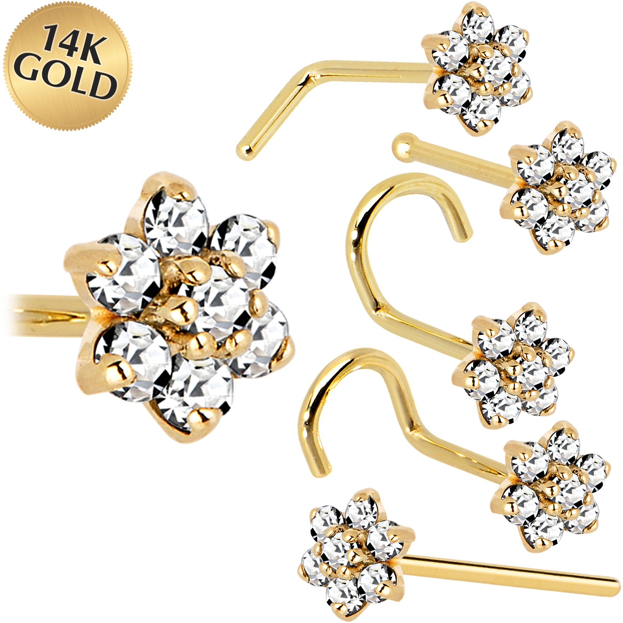 Solid 14KT Yellow Gold Clear Cubic Zirconia Flower Nose Ring 18 Gauge