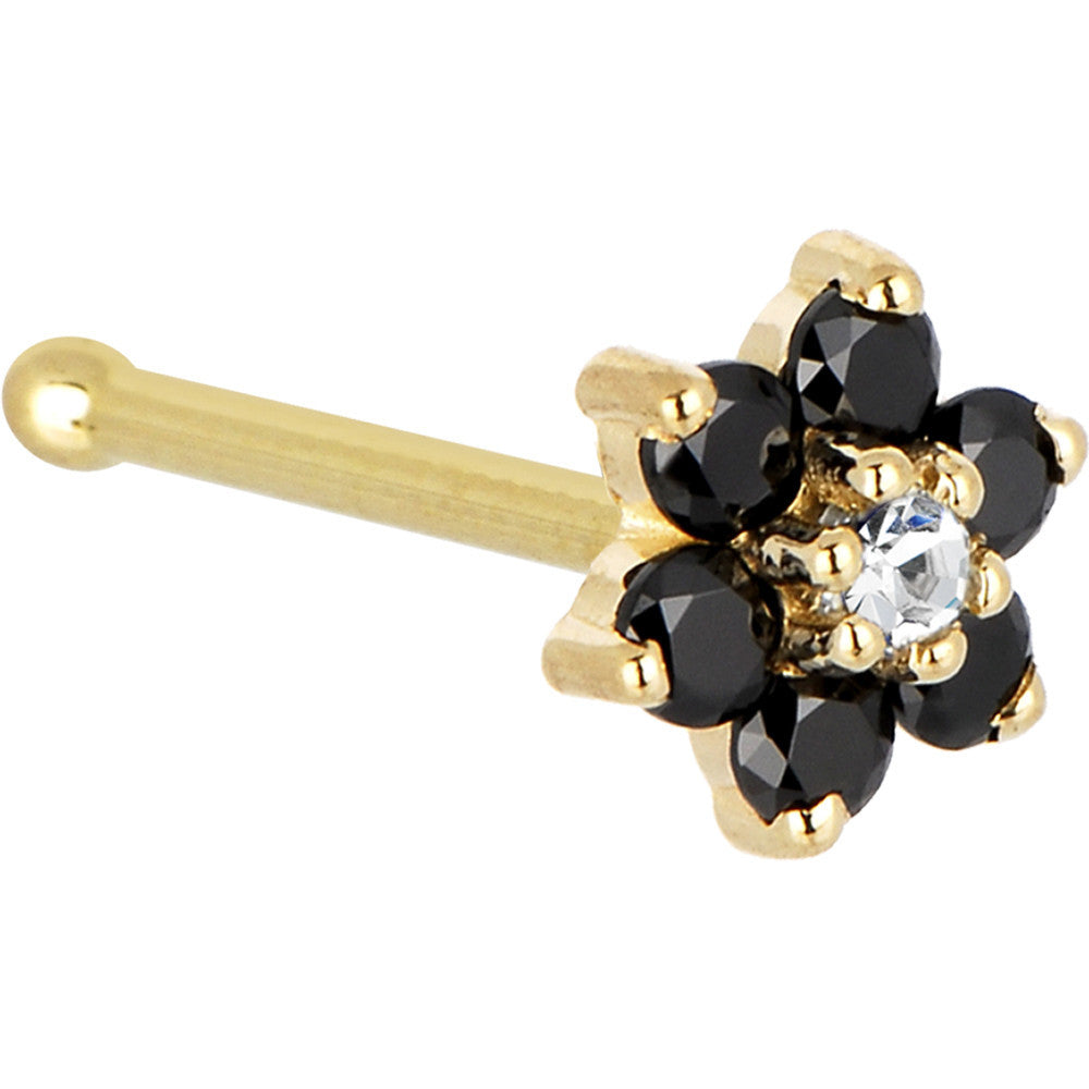 Solid 14KT Yellow Gold Black and Clear Cubic Zirconia Flower Nose Ring 20 Gauge