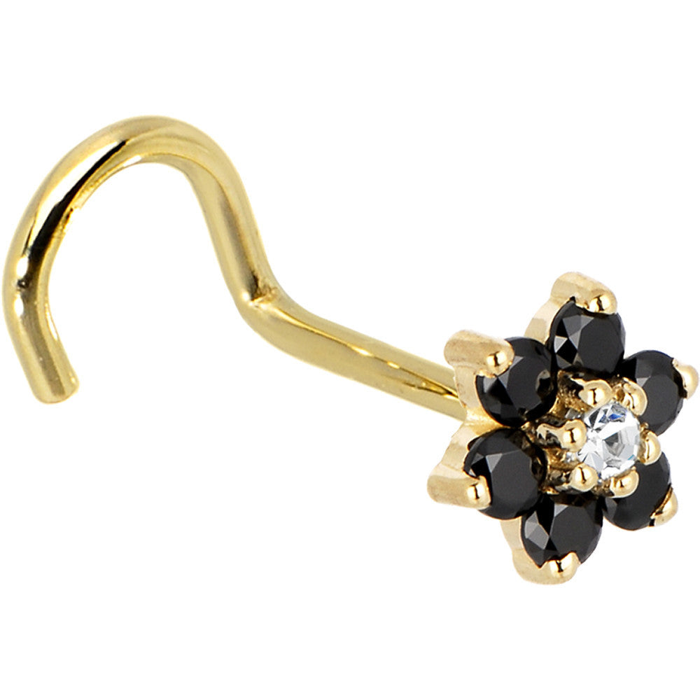 14KT Yellow Gold Flower Nose Ring with Black and Clear Cubic Zirconia 20 Gauge
