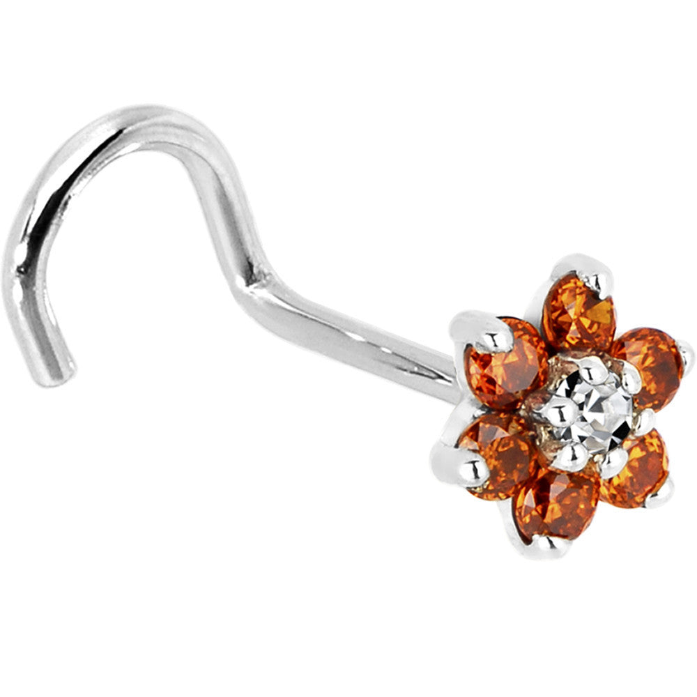 14KT White Gold Orange Clear Cubic Zirconia Flower Nose Ring L Shape 18 Gauge
