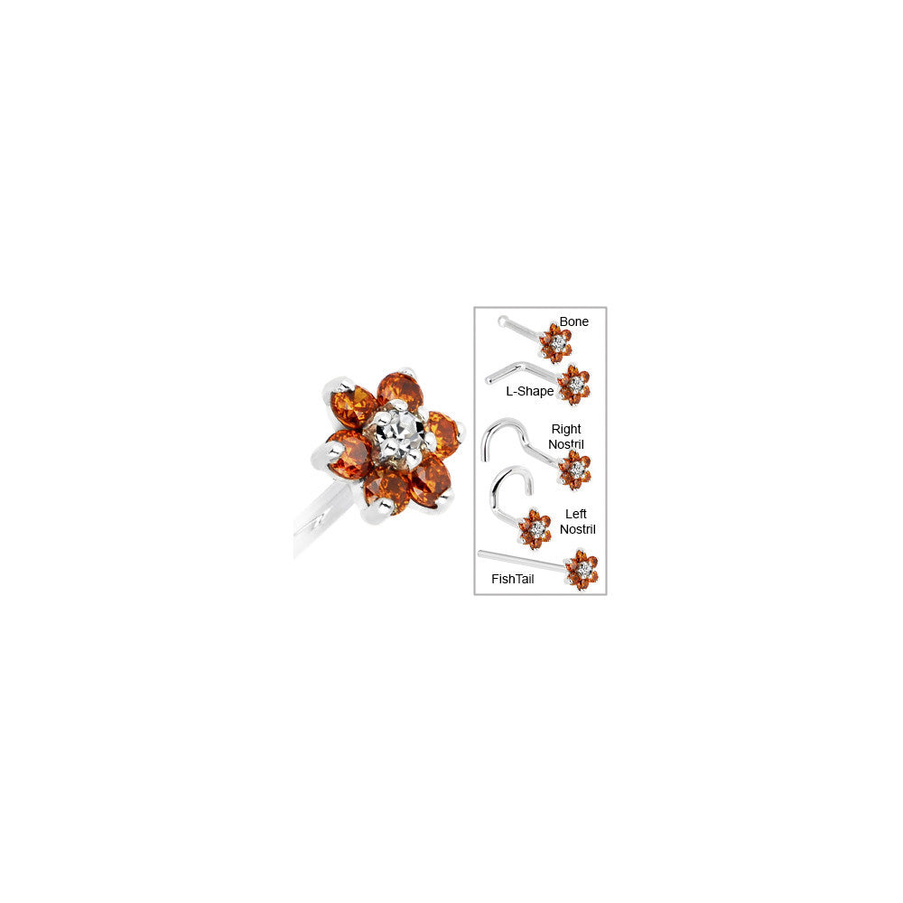 14KT White Gold Orange Clear Cubic Zirconia Flower Nose Ring Nose Bone 20 Gauge