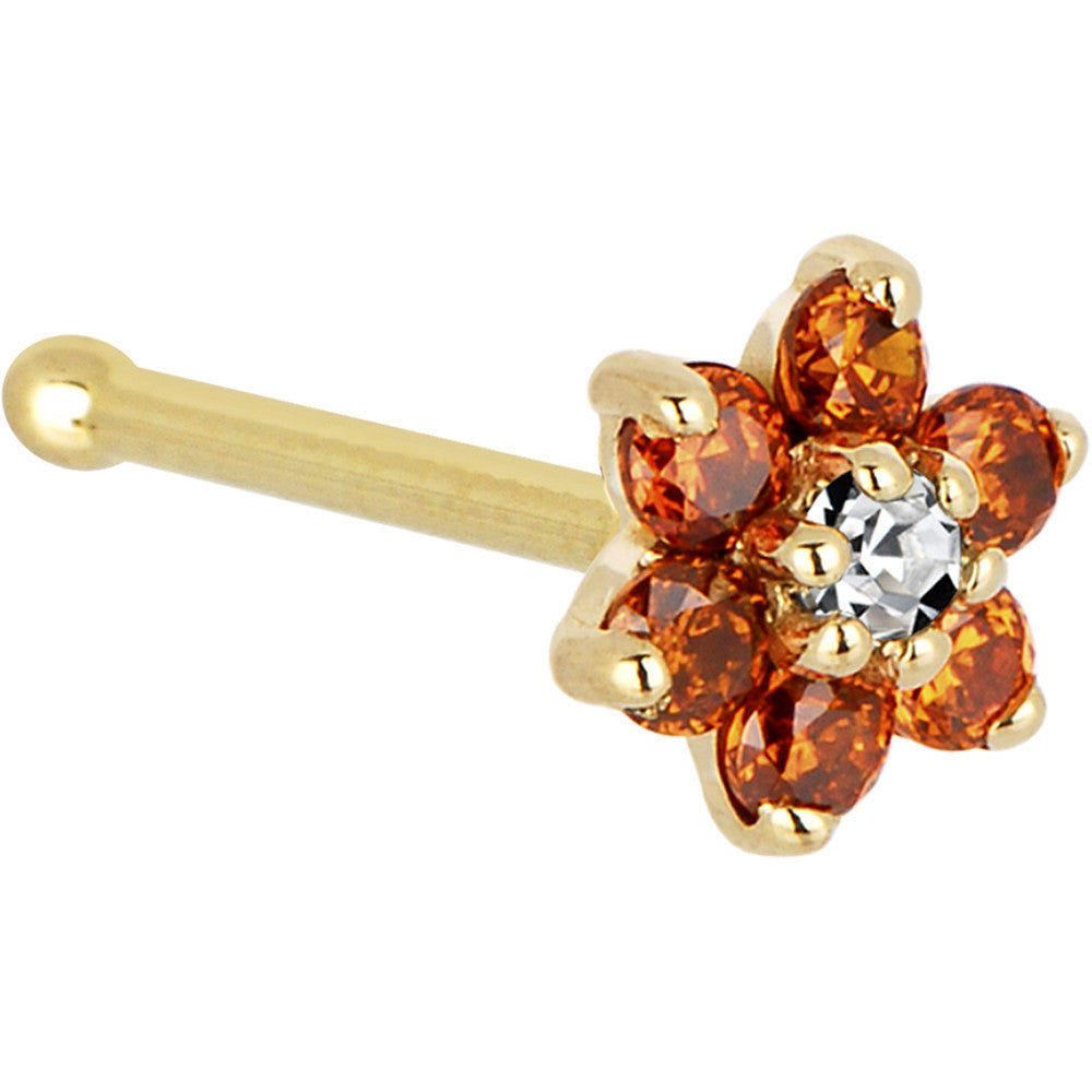 Solid 14KT Yellow Gold Orange and Clear Cubic Zirconia Flower Nose Ring 20 Gauge Nose Screw