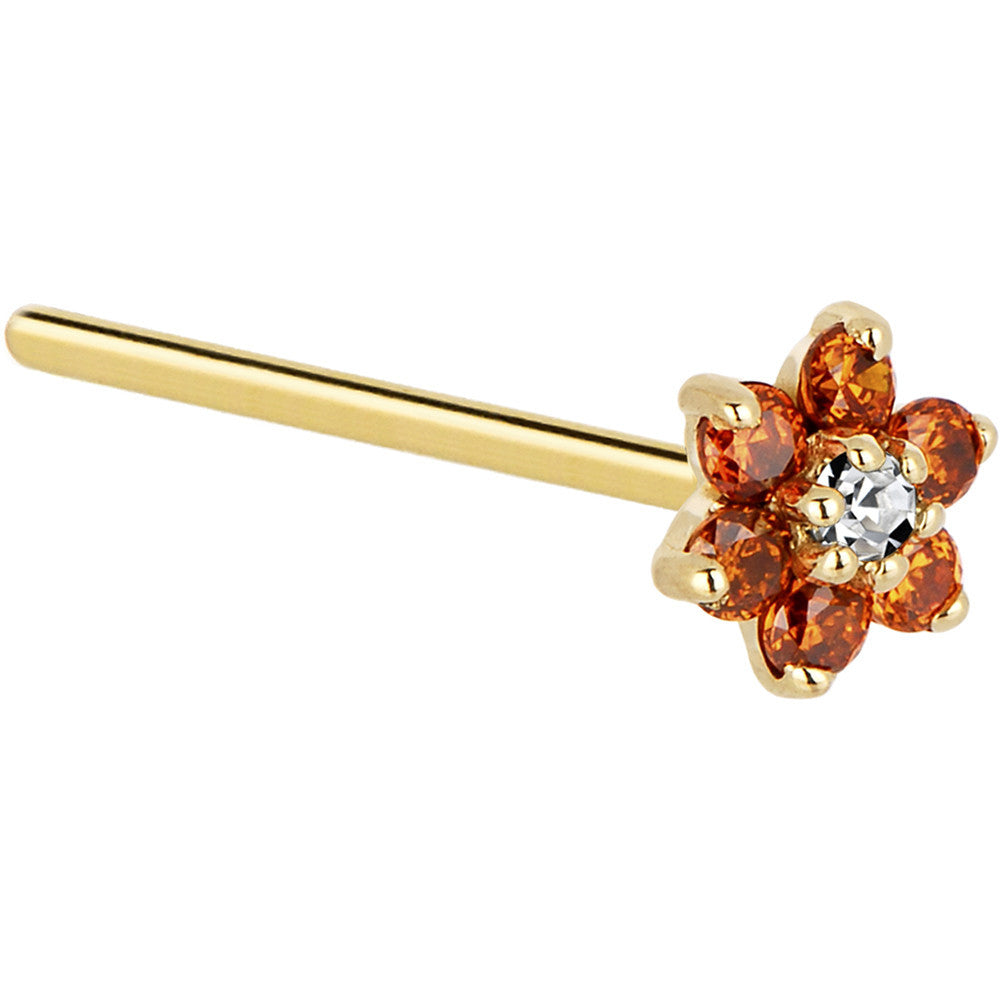 Solid 14KT Yellow Gold Orange and Clear Cubic Zirconia Flower Nose Ring L-Shape