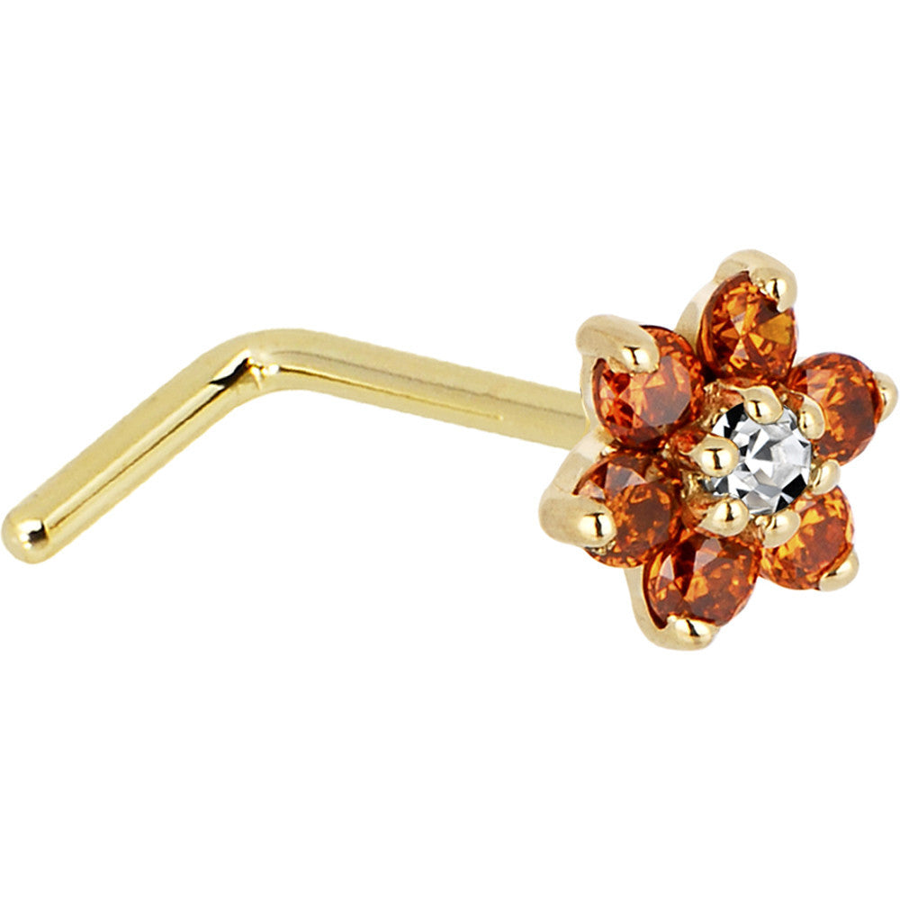 Solid 14KT Yellow Gold Nose Ring with Orange and Clear Cubic Zirconia Flower 18 Gauge