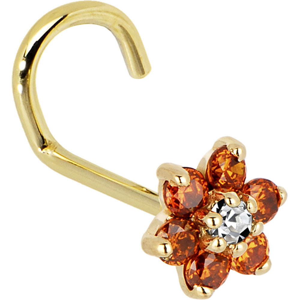 14KT Yellow Gold Flower Nose Ring with Orange and Clear Cubic Zirconia 20 Gauge