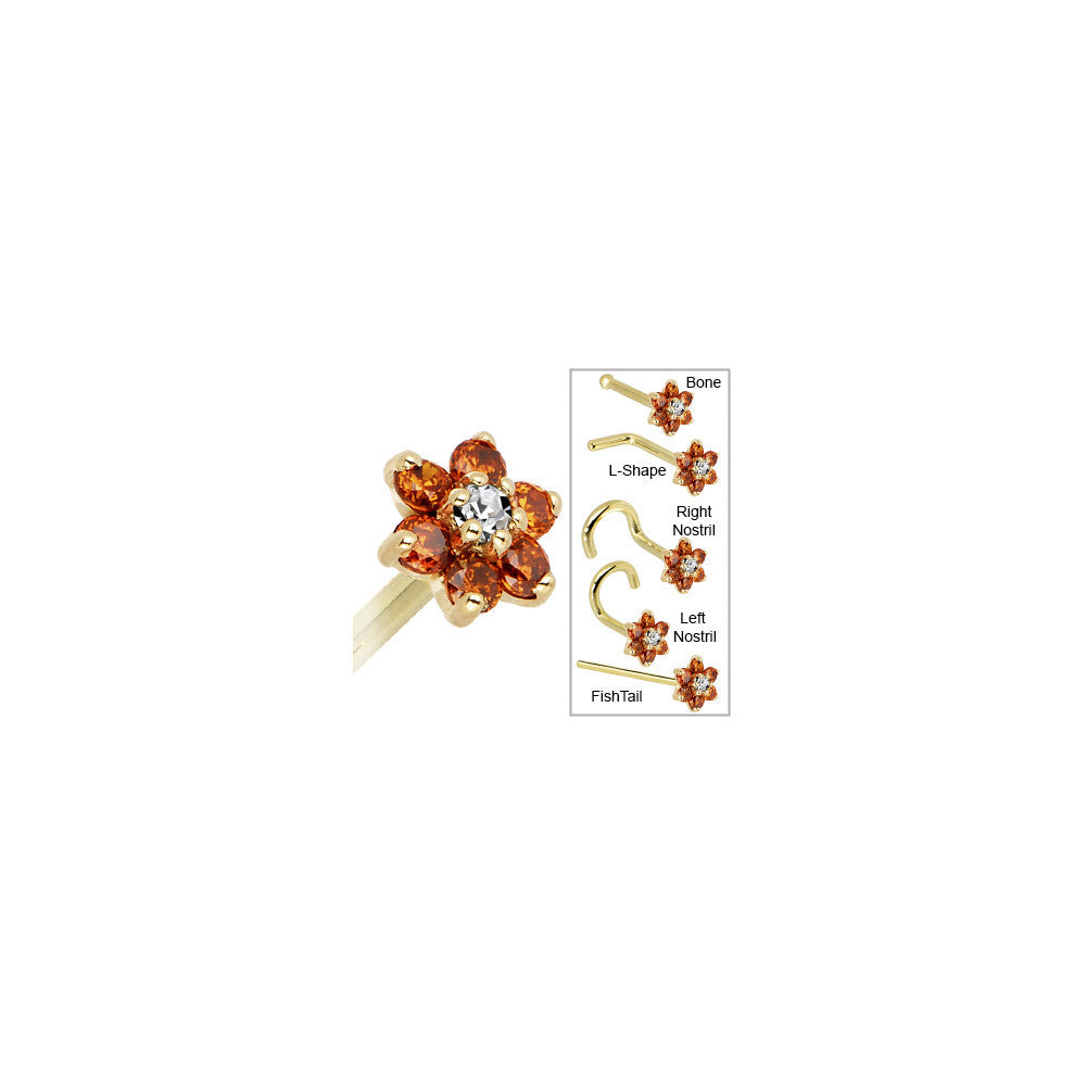 Solid 14KT Yellow Gold Cubic Zirconia Flower Nose Ring with Orange and Clear Gems L-Shape