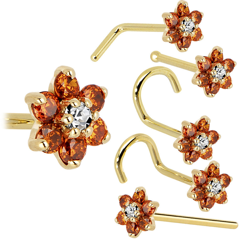 Solid 14KT Yellow Gold Orange and Clear Cubic Zirconia Flower Nose Ring 18 Gauge Nose Bone