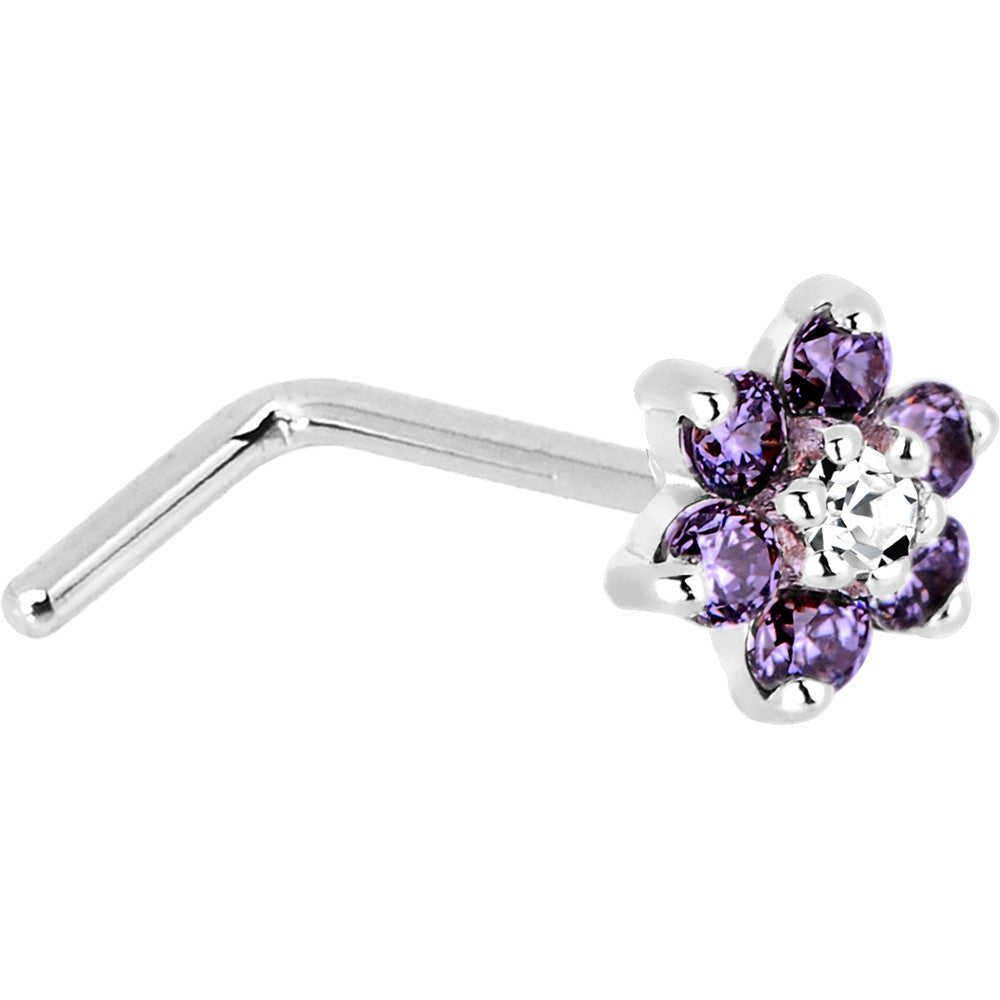 Solid 14KT White Gold Amethyst and Clear Cubic Zirconia Flower Nose Ring