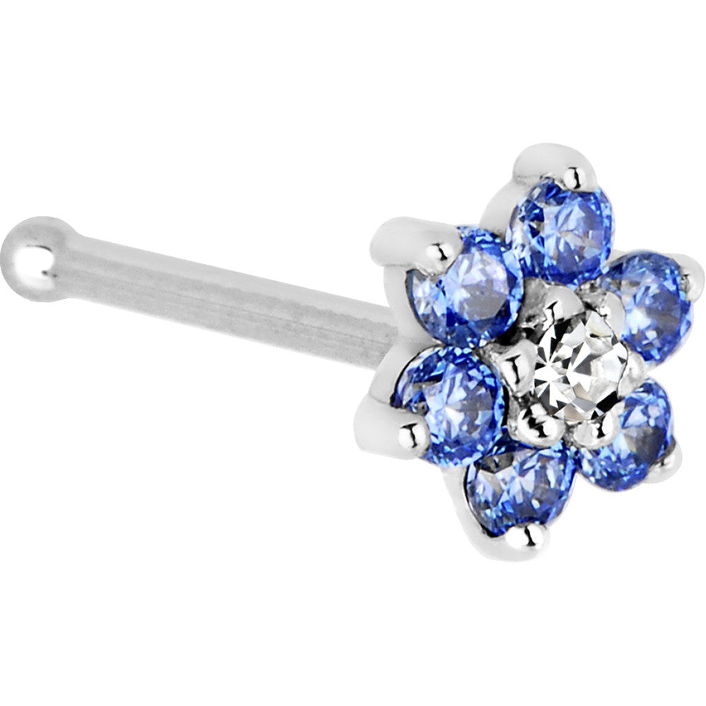 Solid 14KT White Gold Arctic Blue Clear Cubic Zirconia Flower Nose Ring 20 Gauge