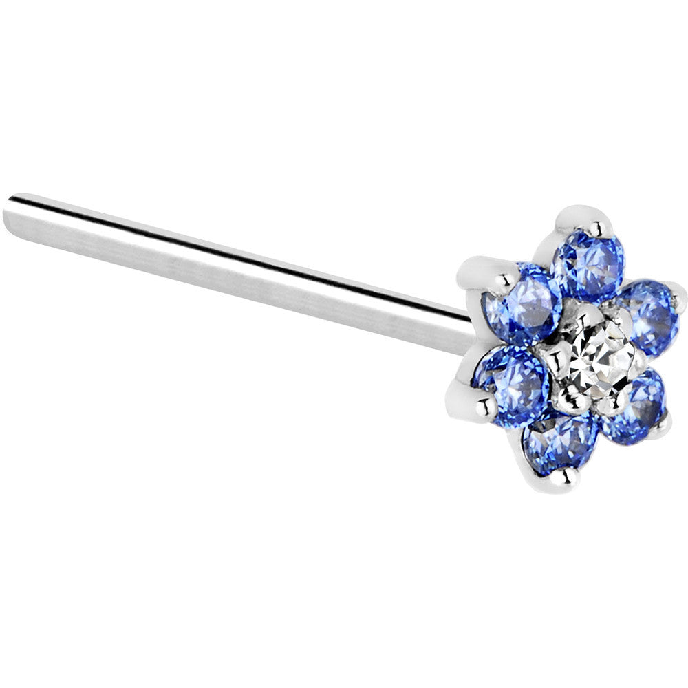 14KT White Gold Arctic Blue Clear Cubic Zirconia Flower Nose Ring Nose Bone Style