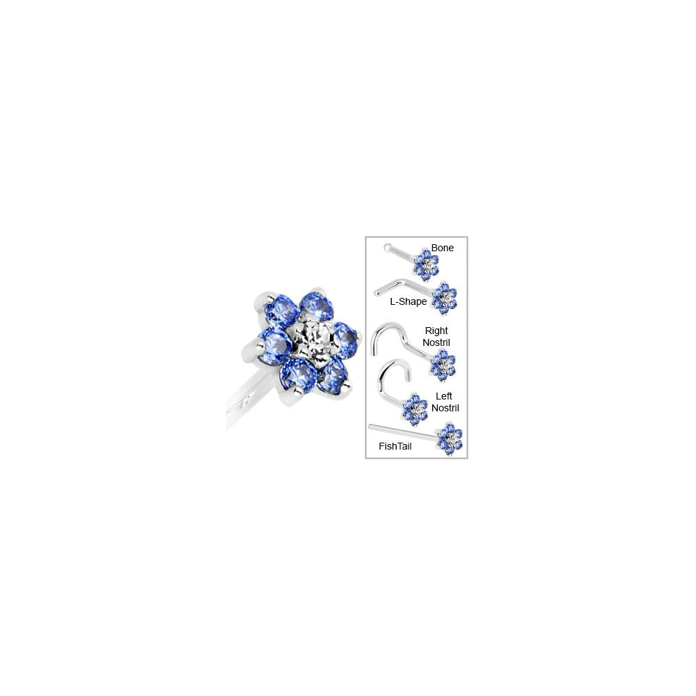 White Gold Arctic Blue Clear CZ Flower Nose Ring Available in 18 Gauge and 20 Gauge