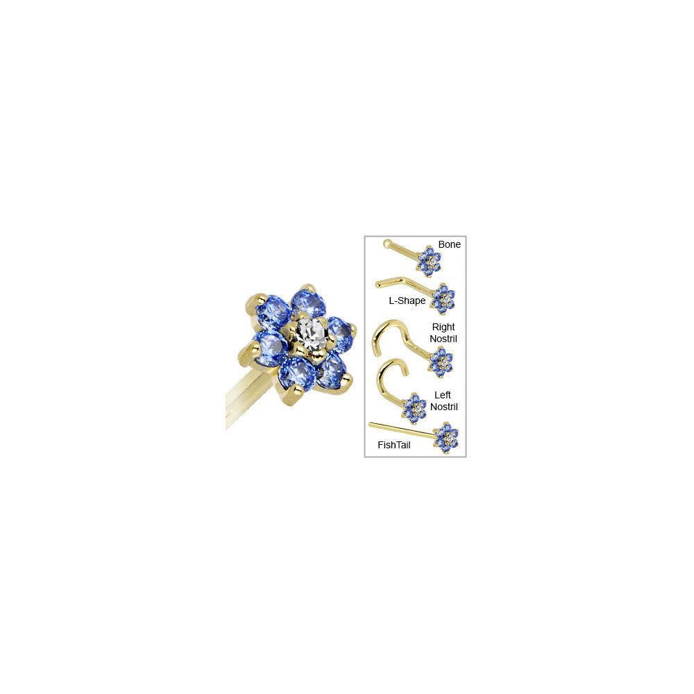 Solid 14K Yellow Gold Arctic Blue and Clear Cubic Zirconia Flower Nose Ring