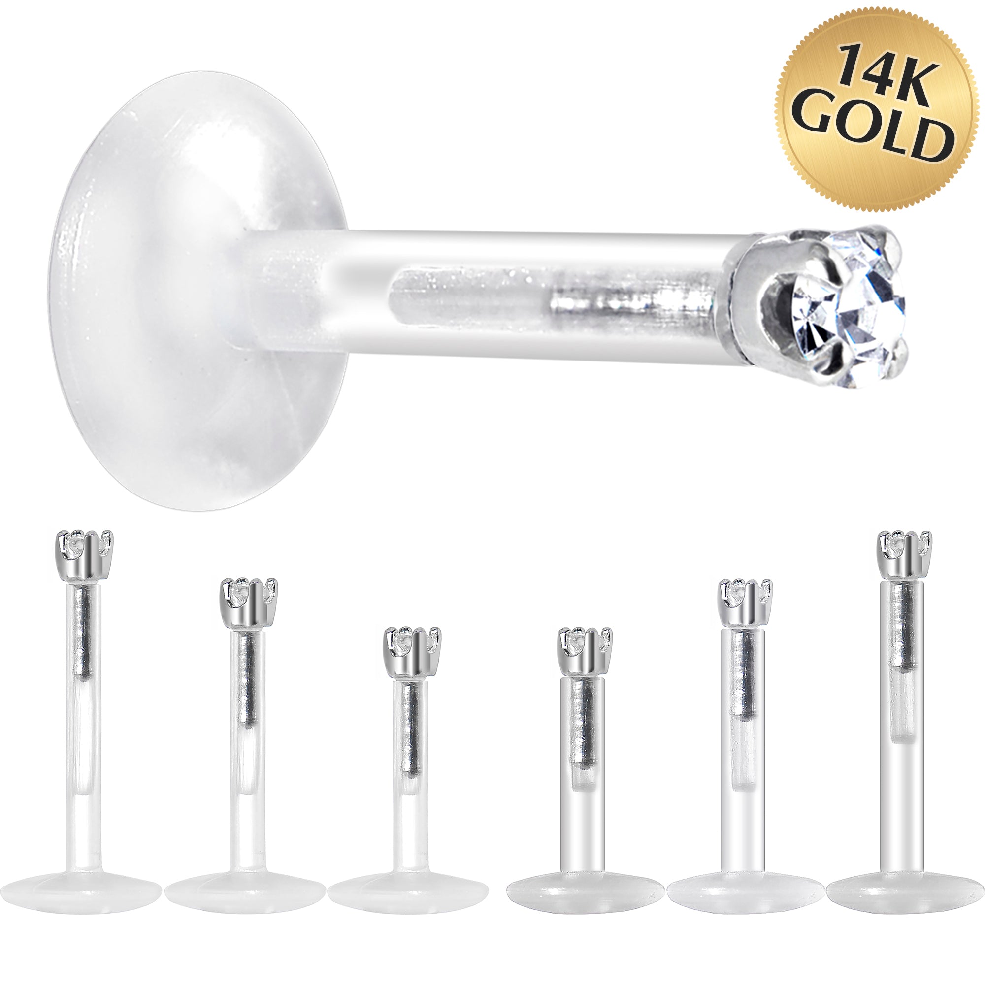 Solid 14K White Gold 1.5mm CZ Bioplast Push in Labret Monroe