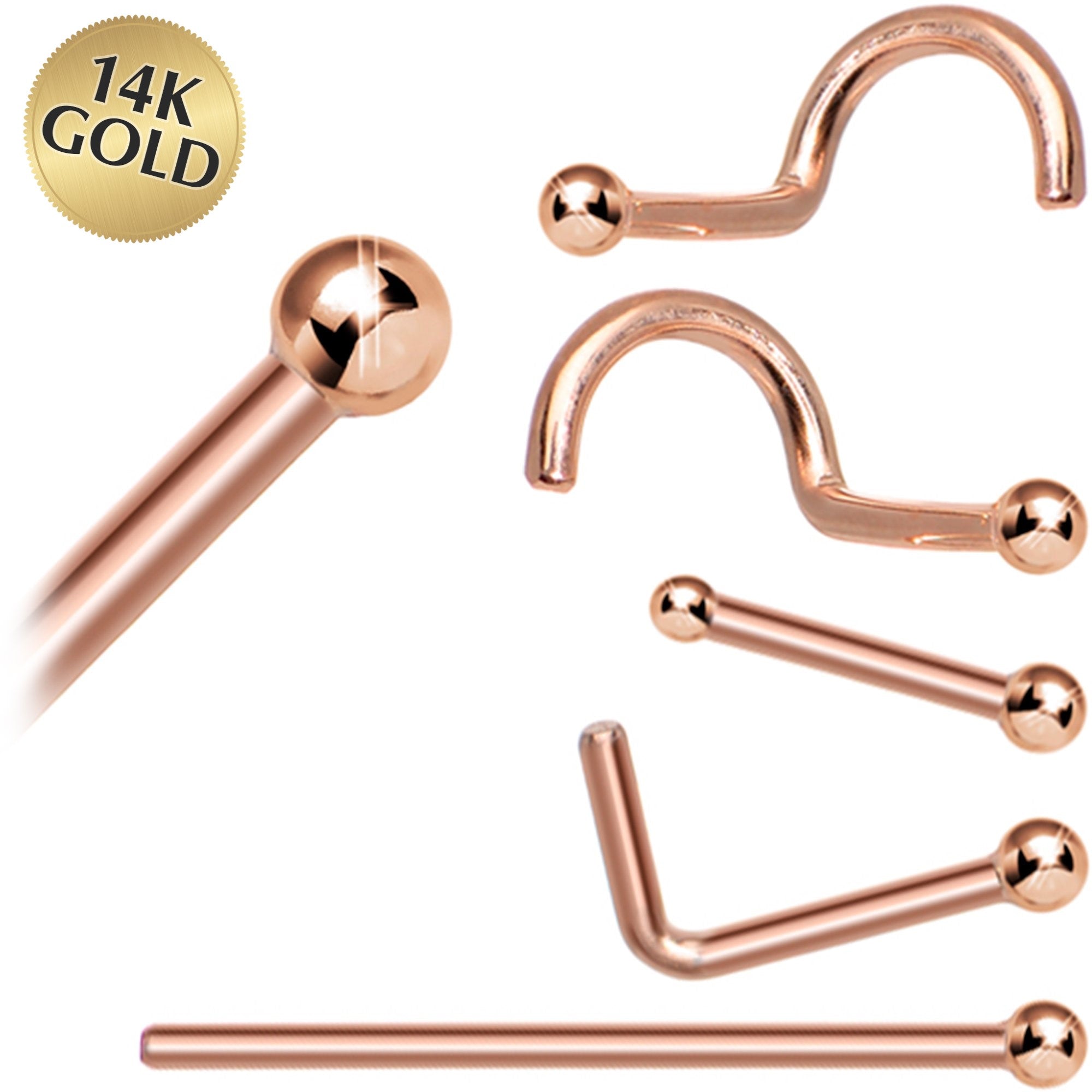 Solid 14KT Rose Gold 1.5mm Ball Nose Ring 18 Gauge Nose Bone