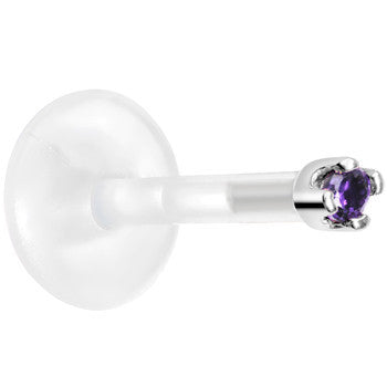 Solid 14K White Gold February 1.5mm CZ Bioplast Push in Labret Monroe