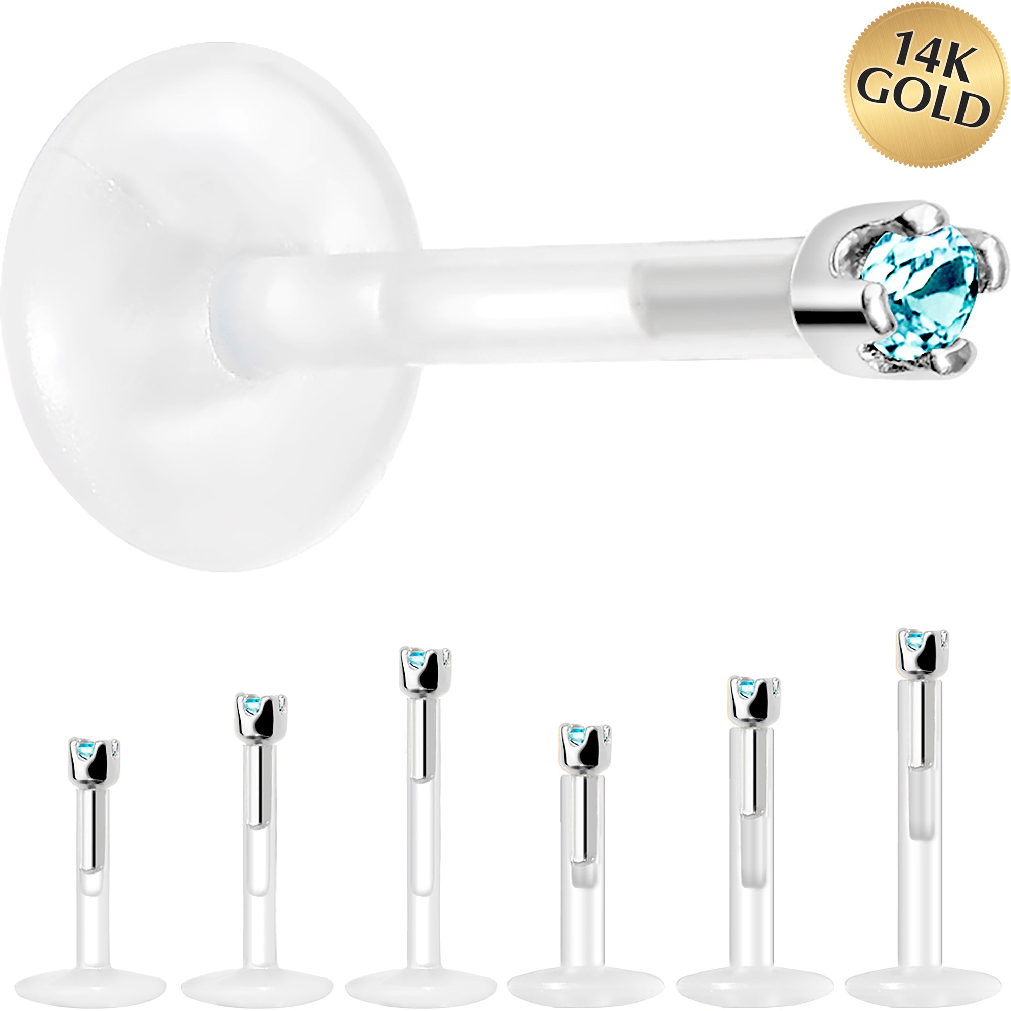 Solid 14K White Gold March 1.5mm CZ Bioplast Push in Labret Monroe