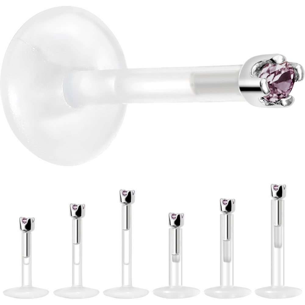 Solid 14K White Gold June 1.5mm CZ Bioplast Push in Labret Monroe