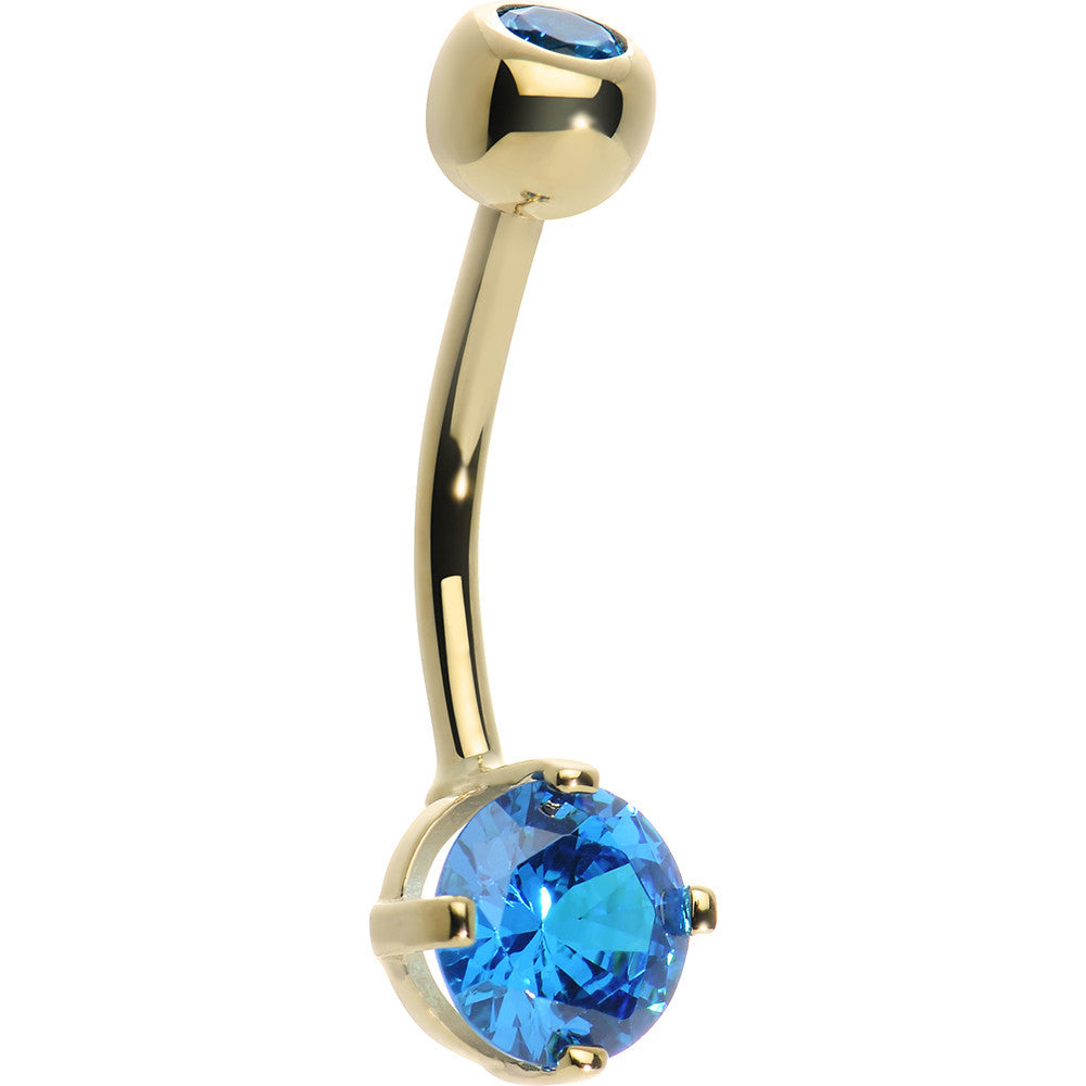 16G 14K Yellow Gold Blue Topaz Round 6mm Cubic Zirconia Belly Ring