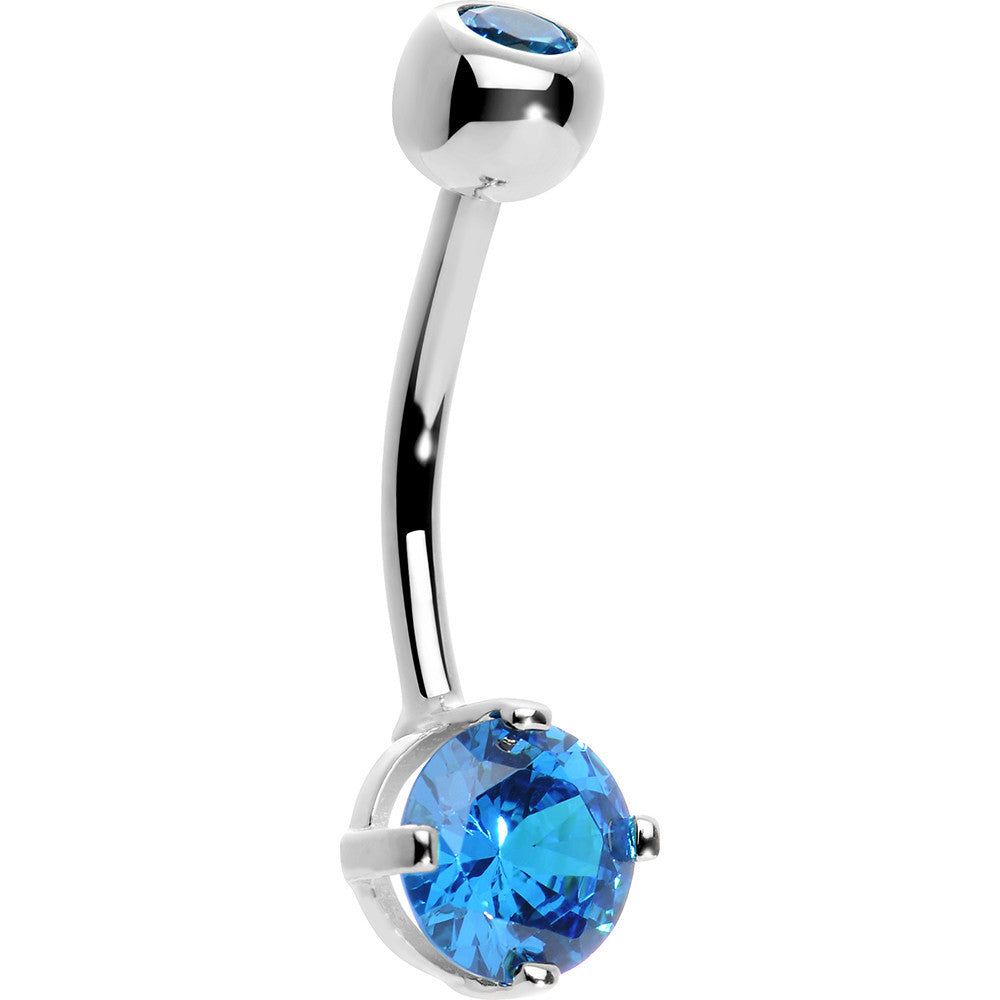 16G 14K White Gold Blue Topaz Round 6mm Cubic Zirconia Belly Ring