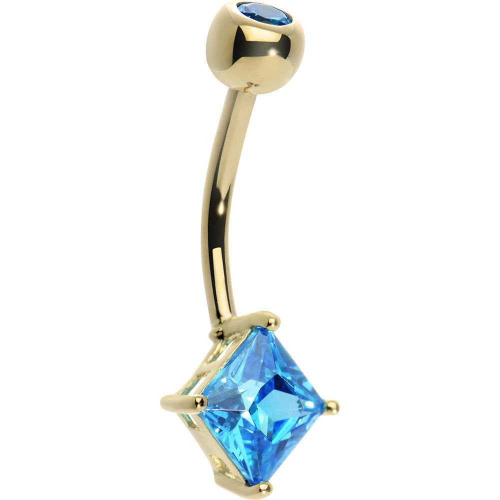 16G 14K Yellow Gold Blue Topaz Princess 6mm Cubic Zirconia Belly Ring