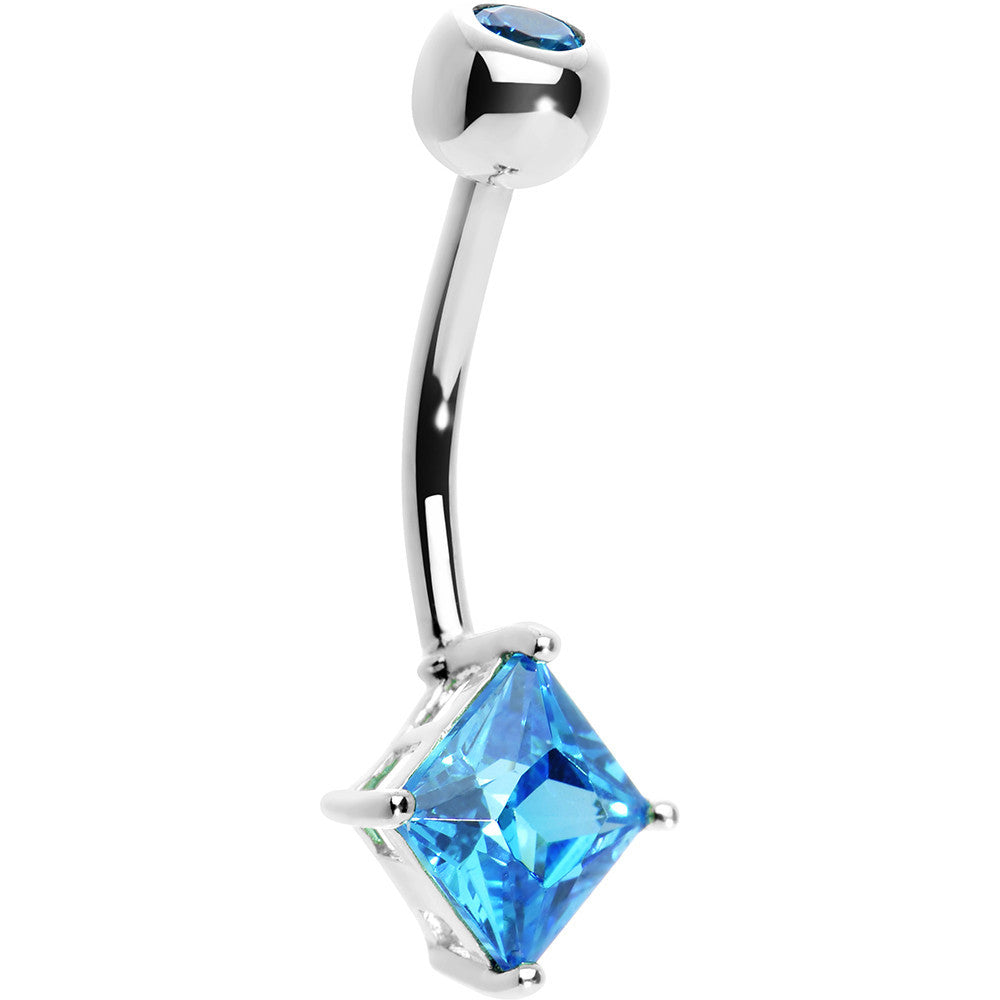16G 14K White Gold Blue Topaz Princess 6mm Cubic Zirconia Belly Ring