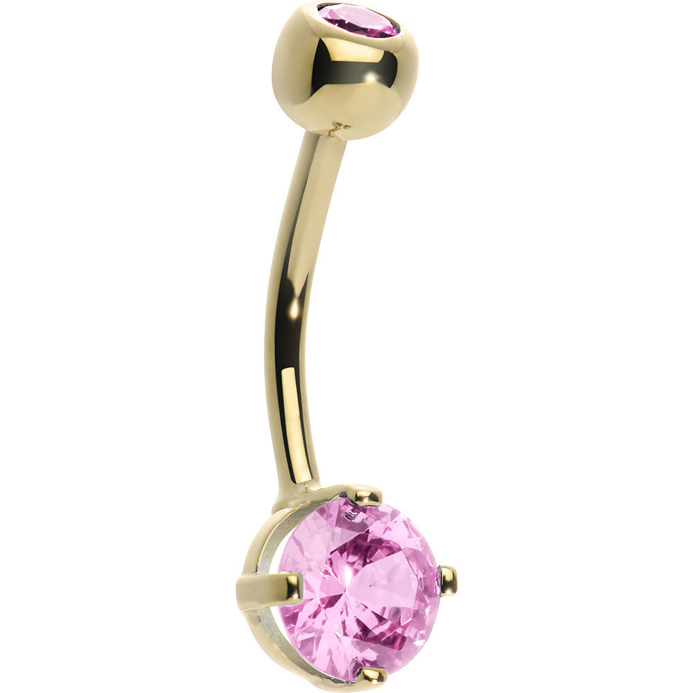 16G 14K Yellow Gold Pink Round 6mm Cubic Zirconia Belly Ring
