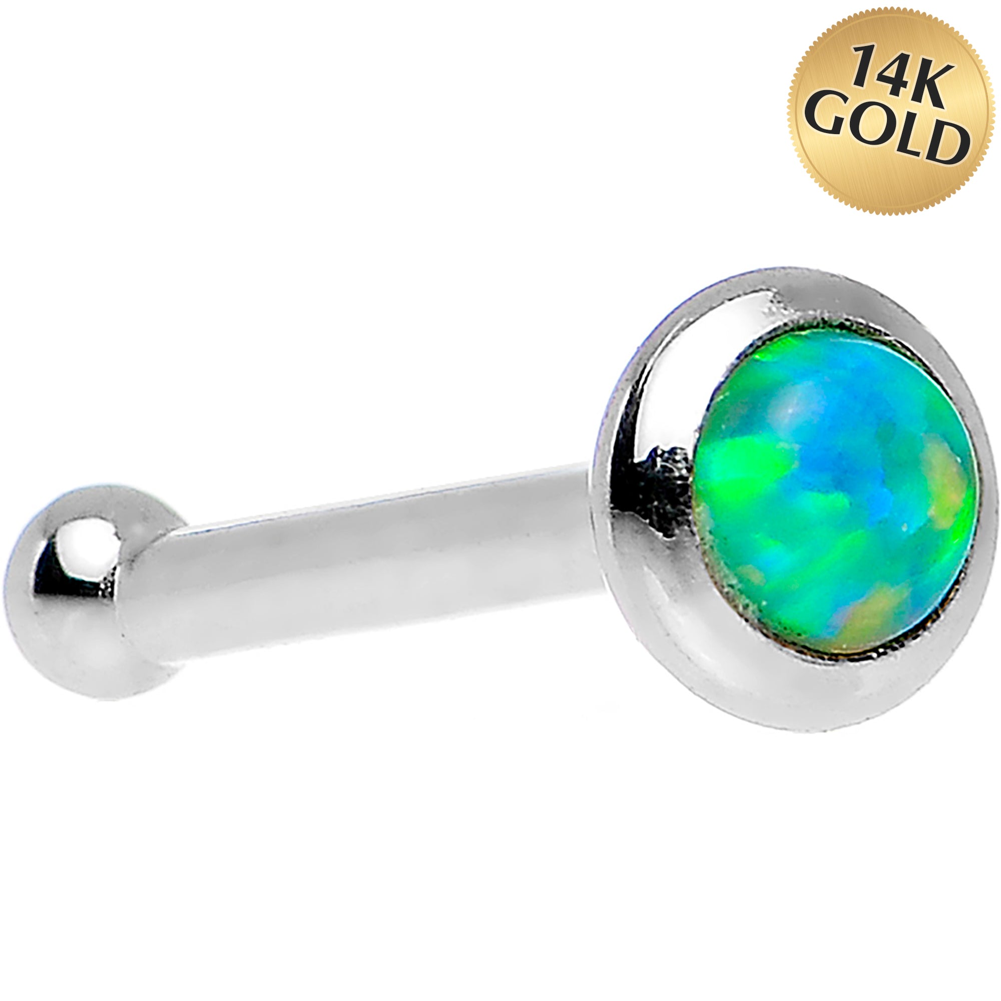 14kt White Gold L-Shape Nose Ring 2mm Lime Synthetic Opal