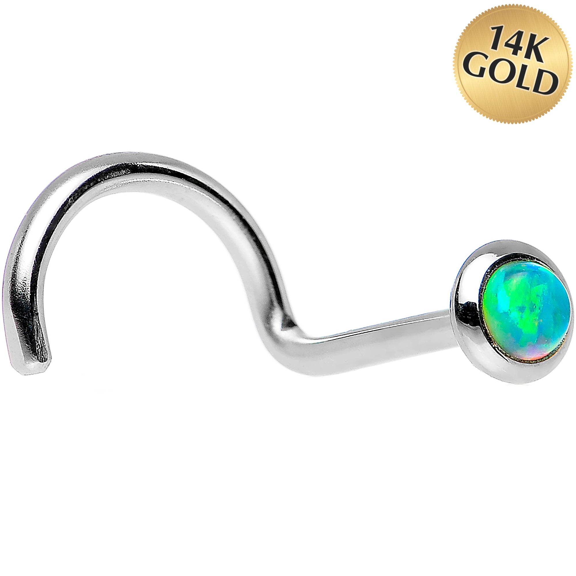 14kt White Gold 2mm Lime Synthetic Opal Nose Ring 20 Gauge
