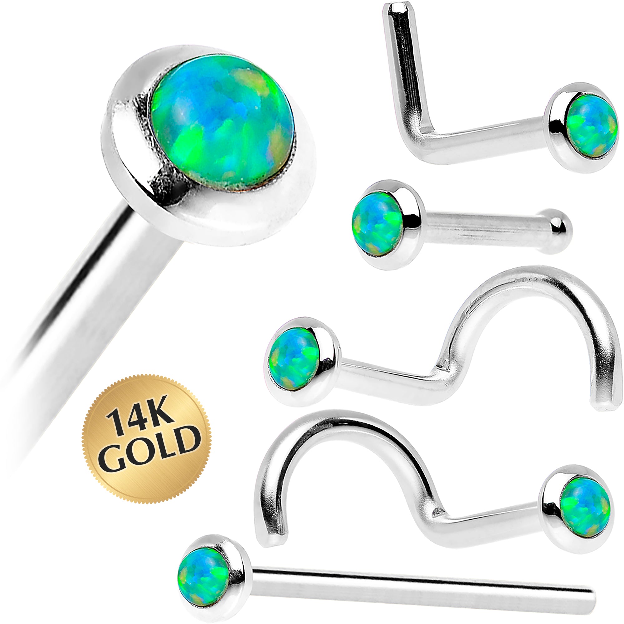 14kt White Gold 2mm Lime Synthetic Opal Nose Ring 18 Gauge