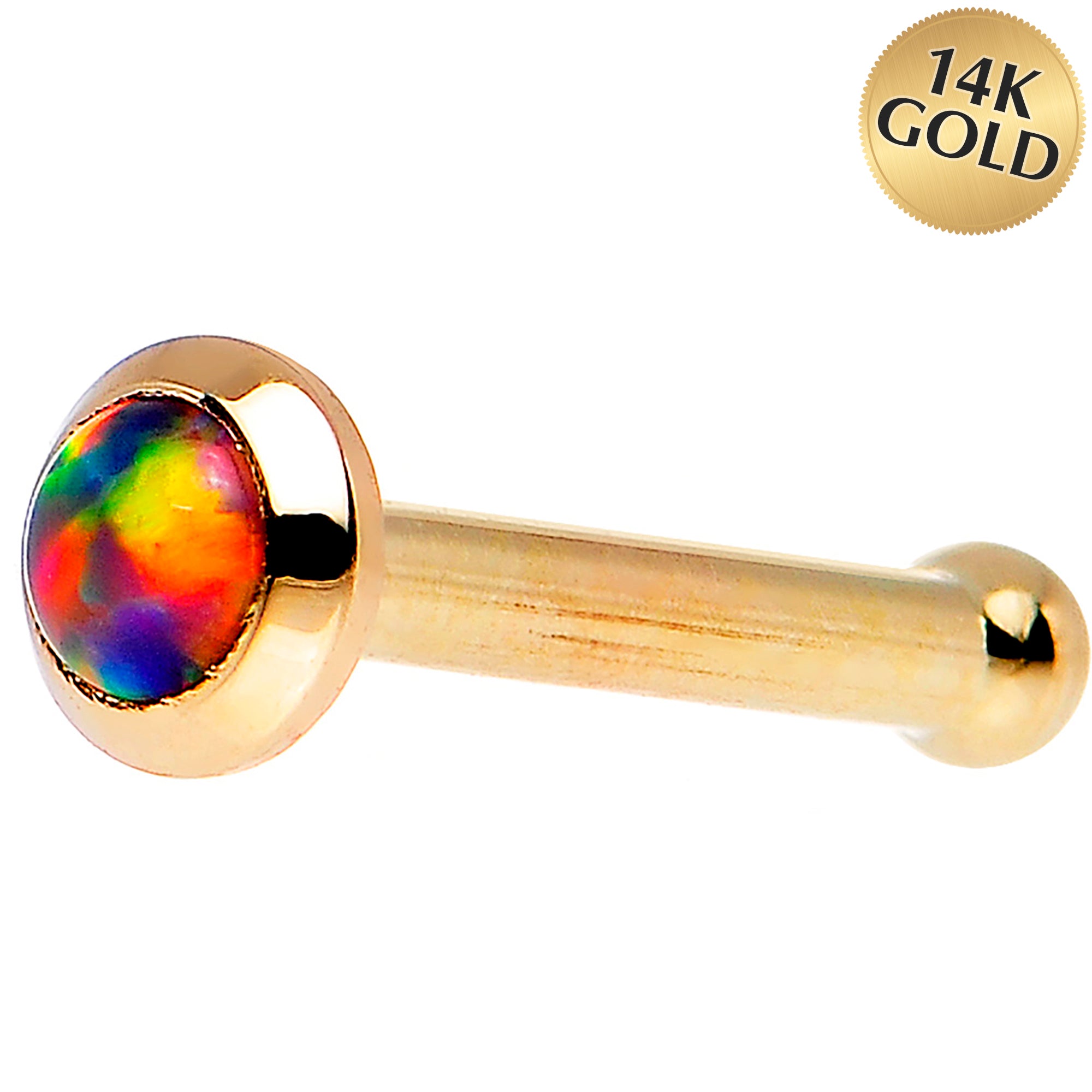14kt Yellow Gold Fire Red Synthetic Opal Nose Ring 20 Gauge