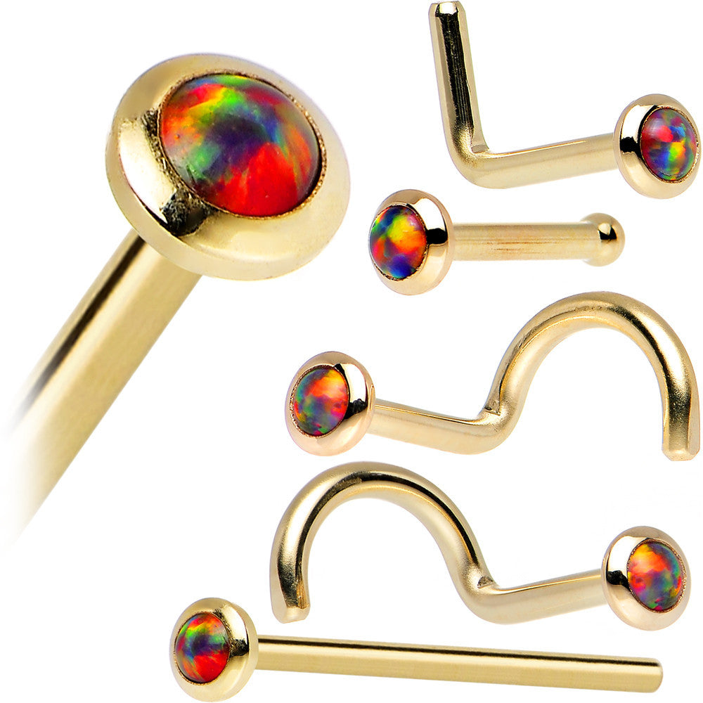 14kt Yellow Gold 2mm Fire Red Synthetic Opal Nose Ring 20 Gauge L Shape