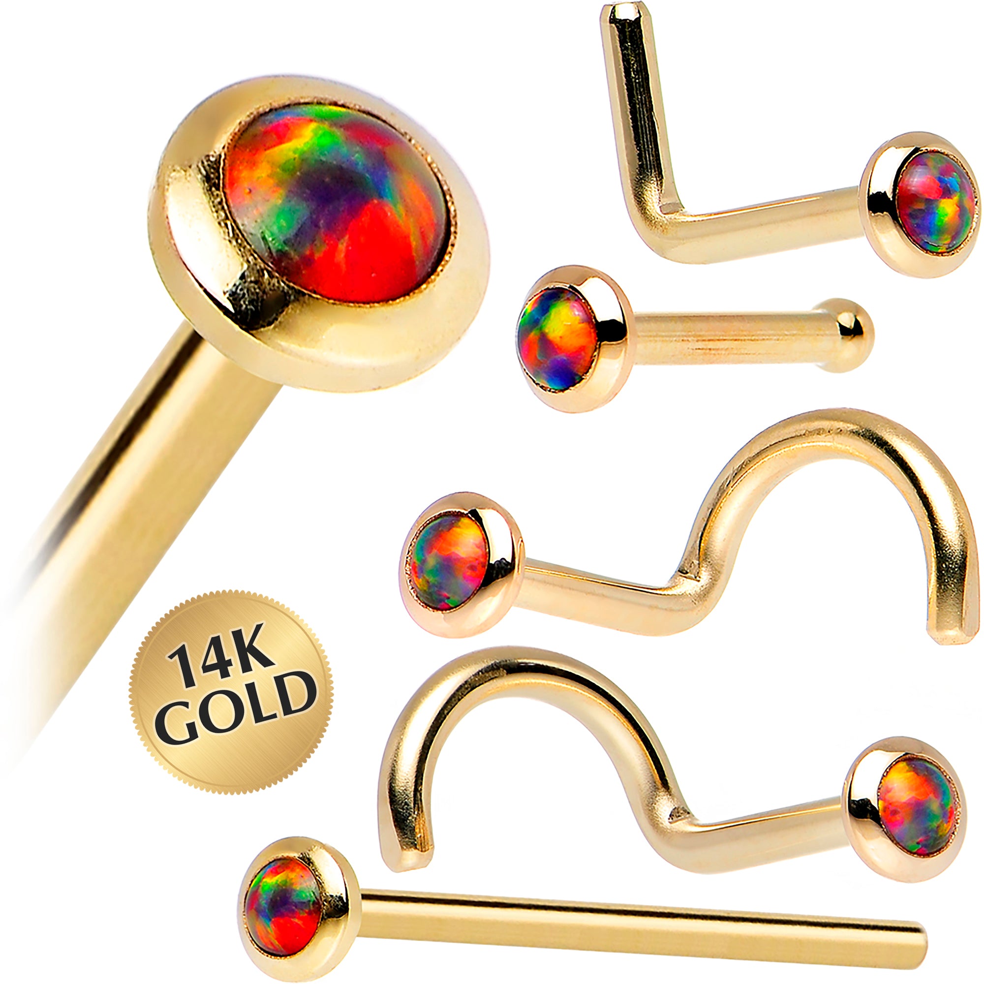 14kt Yellow Gold 2mm Fire Red Synthetic Opal Nose Ring 18 Gauge