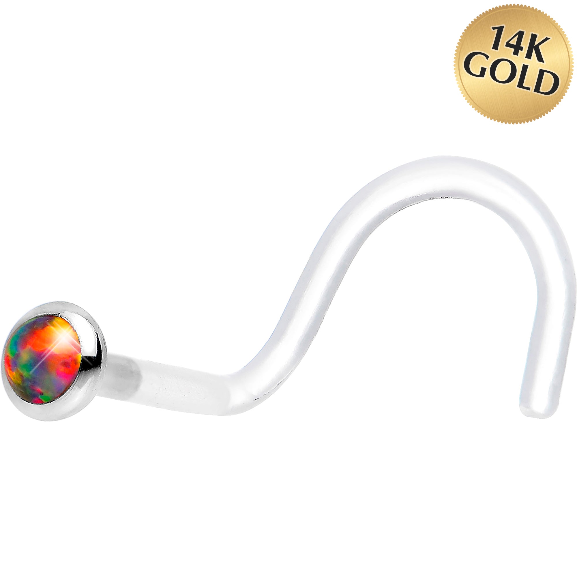 18G White Gold 2mm Fire Red Synthetic Opal Bioplast Nose Ring