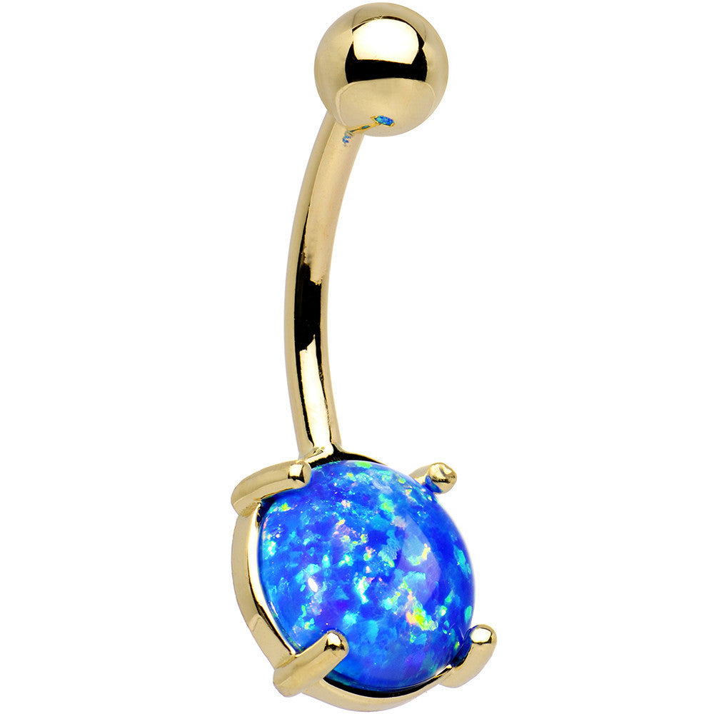 Solid 14k Yellow Gold 8mm Blue Synthetic Opal Belly Ring