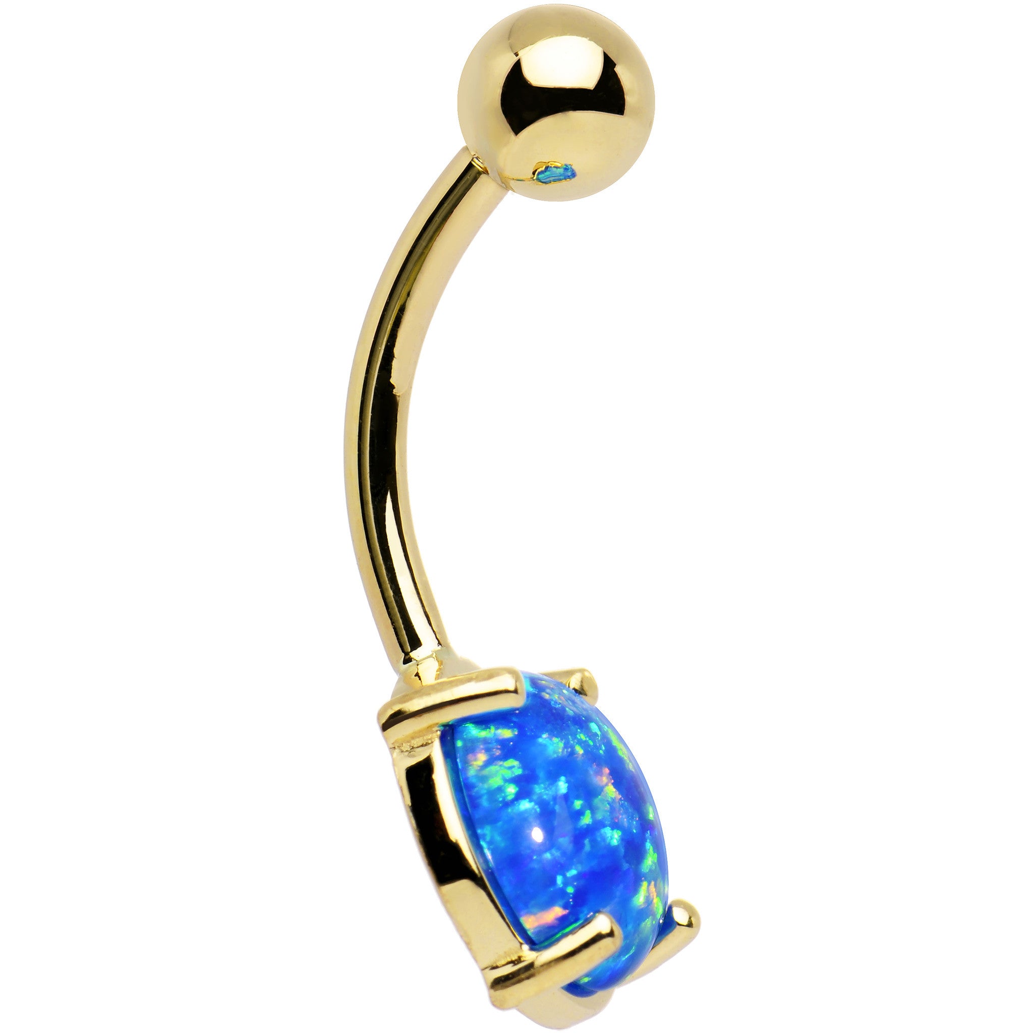 Solid 14k Yellow Gold 8mm Blue Synthetic Opal Belly Ring