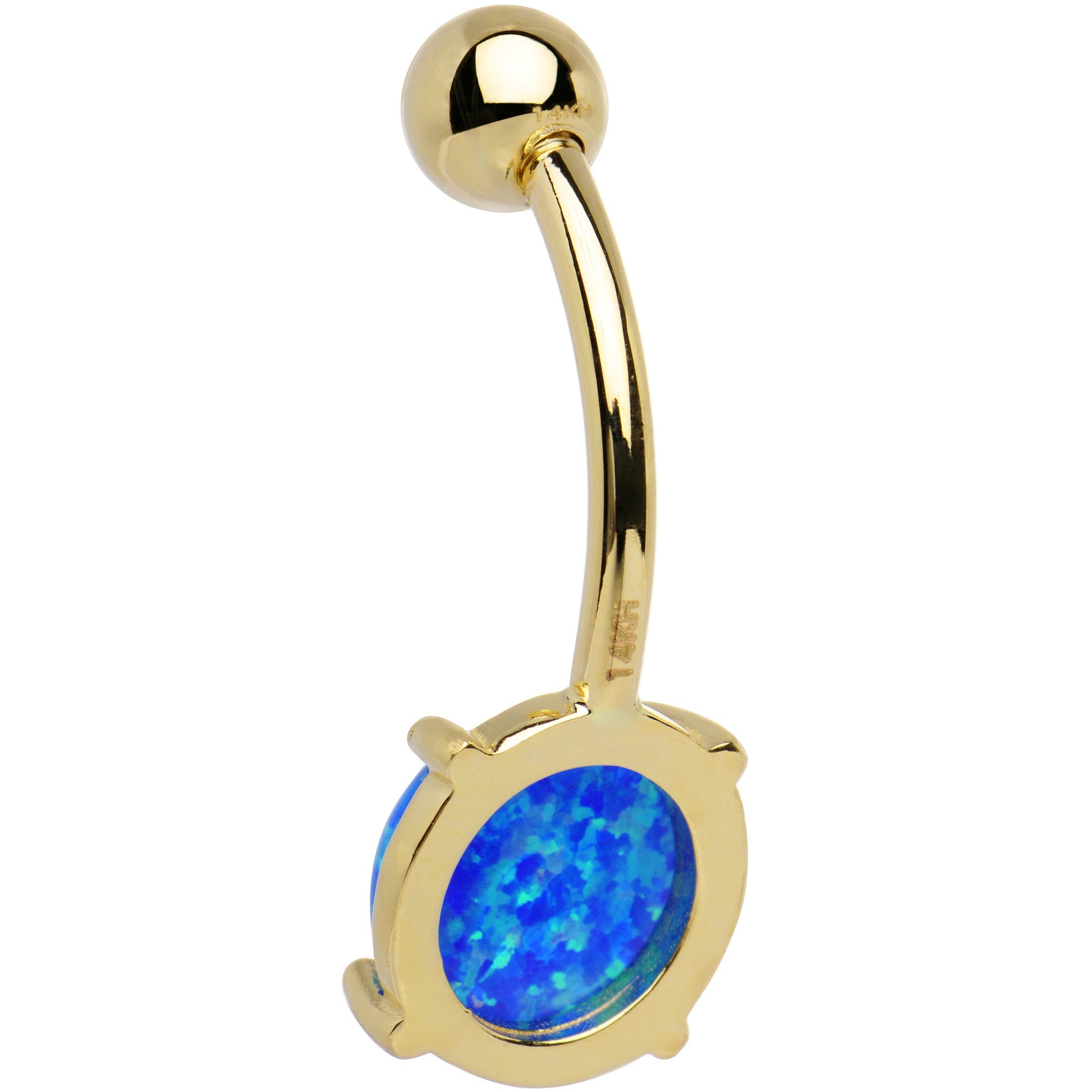 Solid 14k Yellow Gold 8mm Blue Synthetic Opal Belly Ring