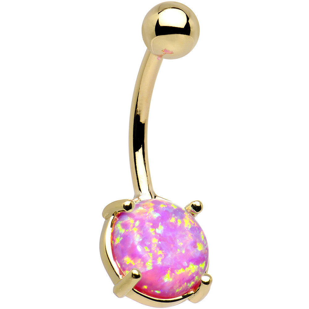 Solid 14k Yellow Gold 8mm Fuchsia Synthetic Opal Belly Ring